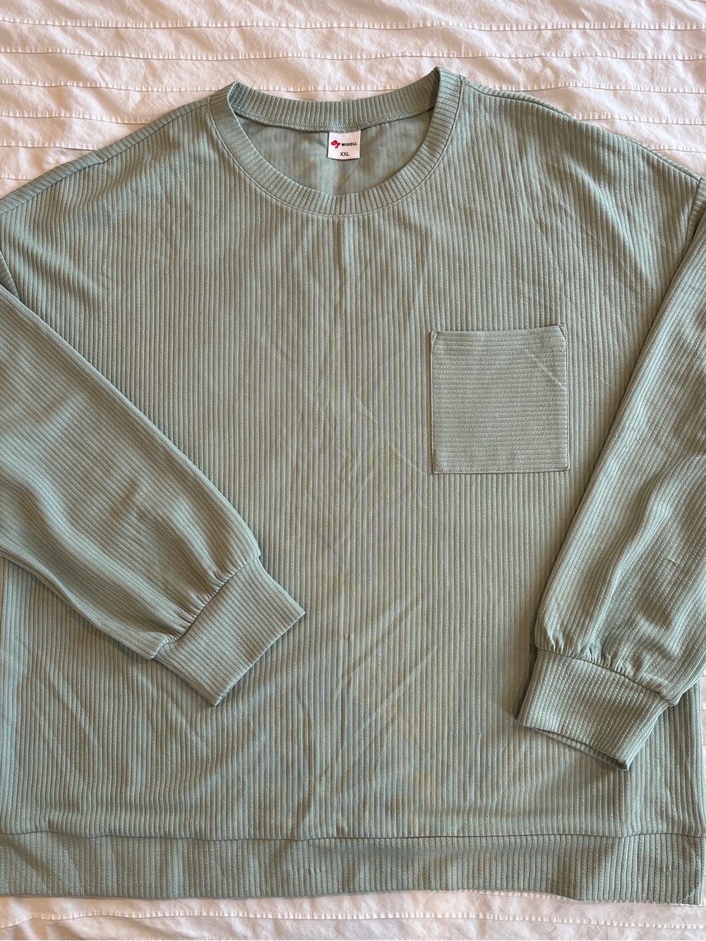 Ribbed Sage Green Long-Sleeve Tunic Top with Chest Pocket